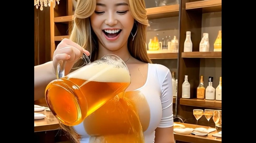 An Asian woman pours beer down her dress