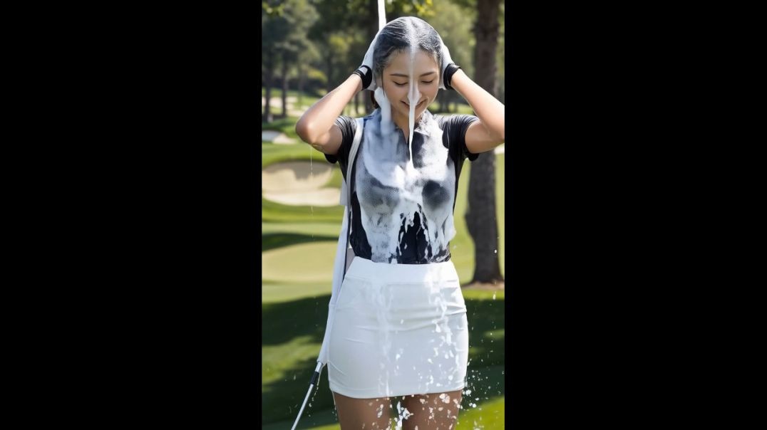 ⁣Shampooing hair in golfing outfit