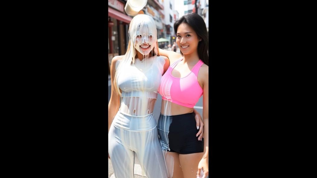 Milkshake poured over Asian gym girl, strip off and kiss