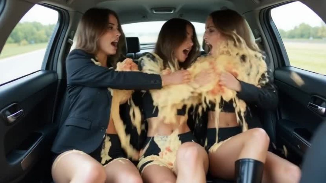 ⁣Three women get messy in the back seat of a car