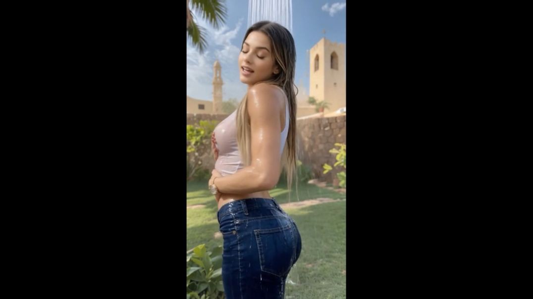 ⁣Showering in white top and jeans