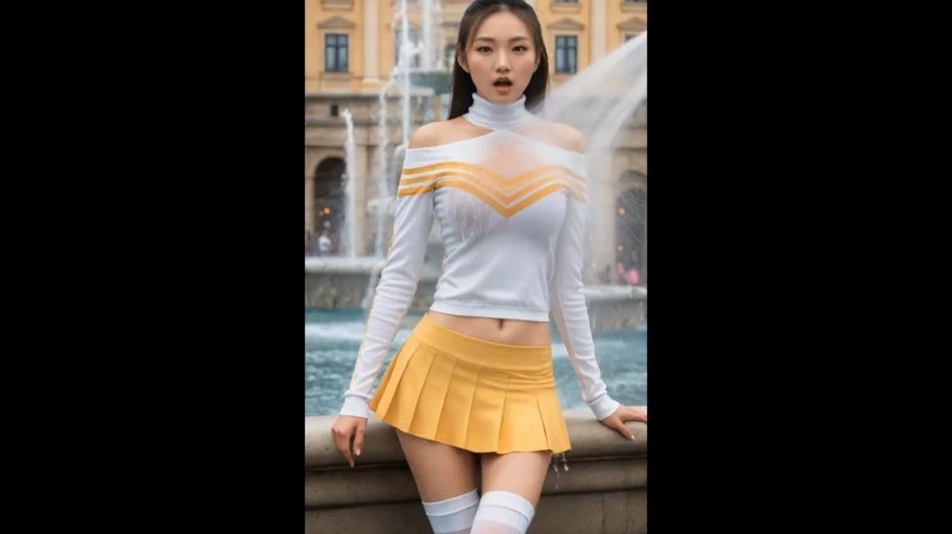 ⁣Sprayed with hose - cheerleader, yellow skirt